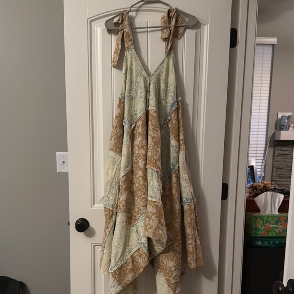 Green and Tan Asymmetrical Tie Front Jumpsuit